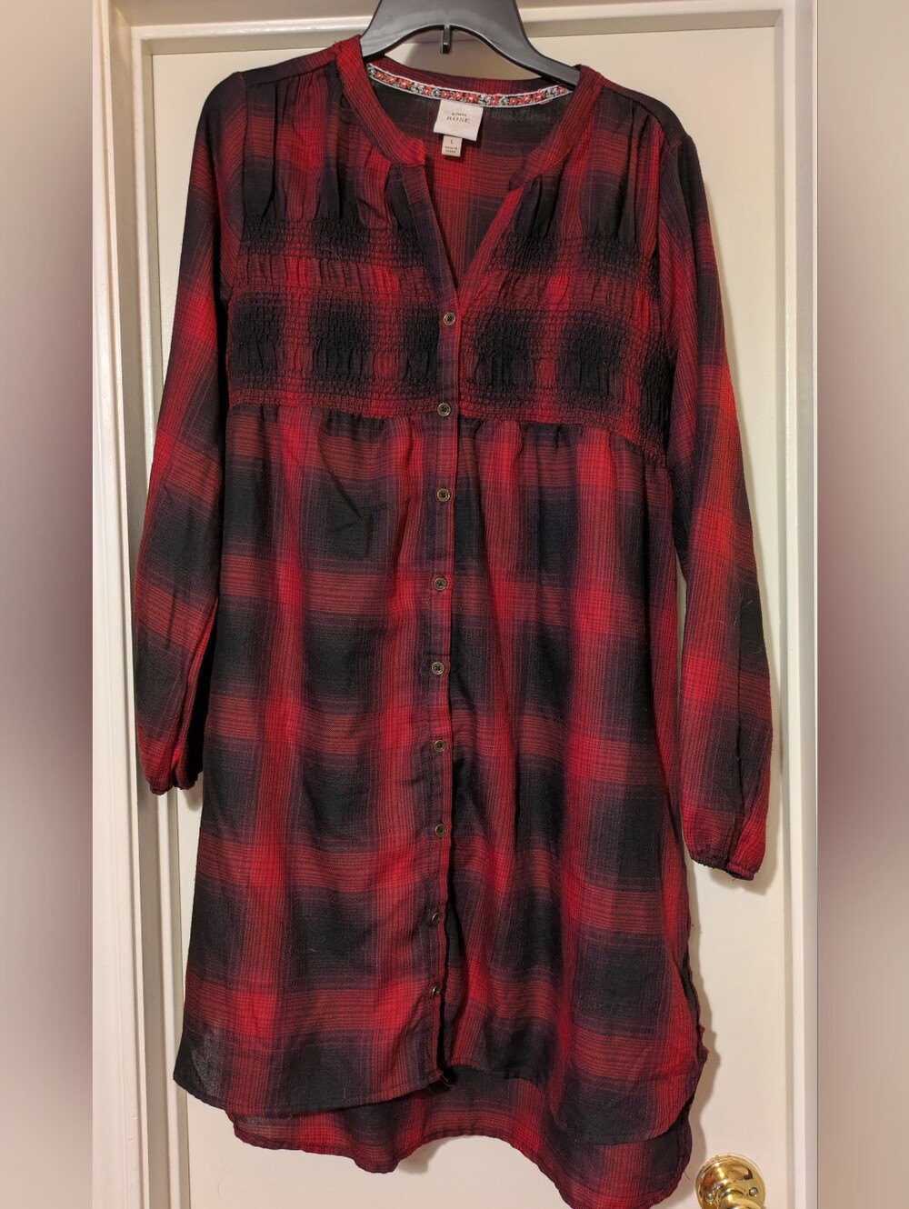 Knox Rose Red and Black Plaid Long Sleeve Button-Front Dress